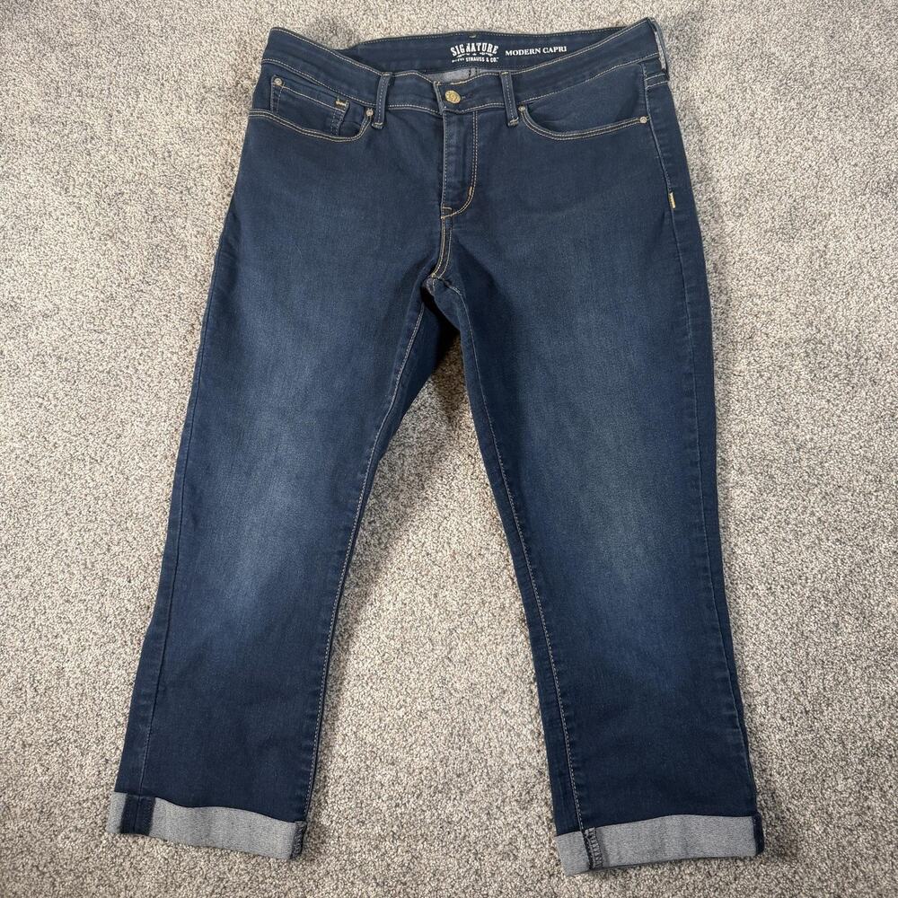 Signature Levis Modern Capri Jeans Womens 12 32x21.5 Dark Wash Stretch Denim